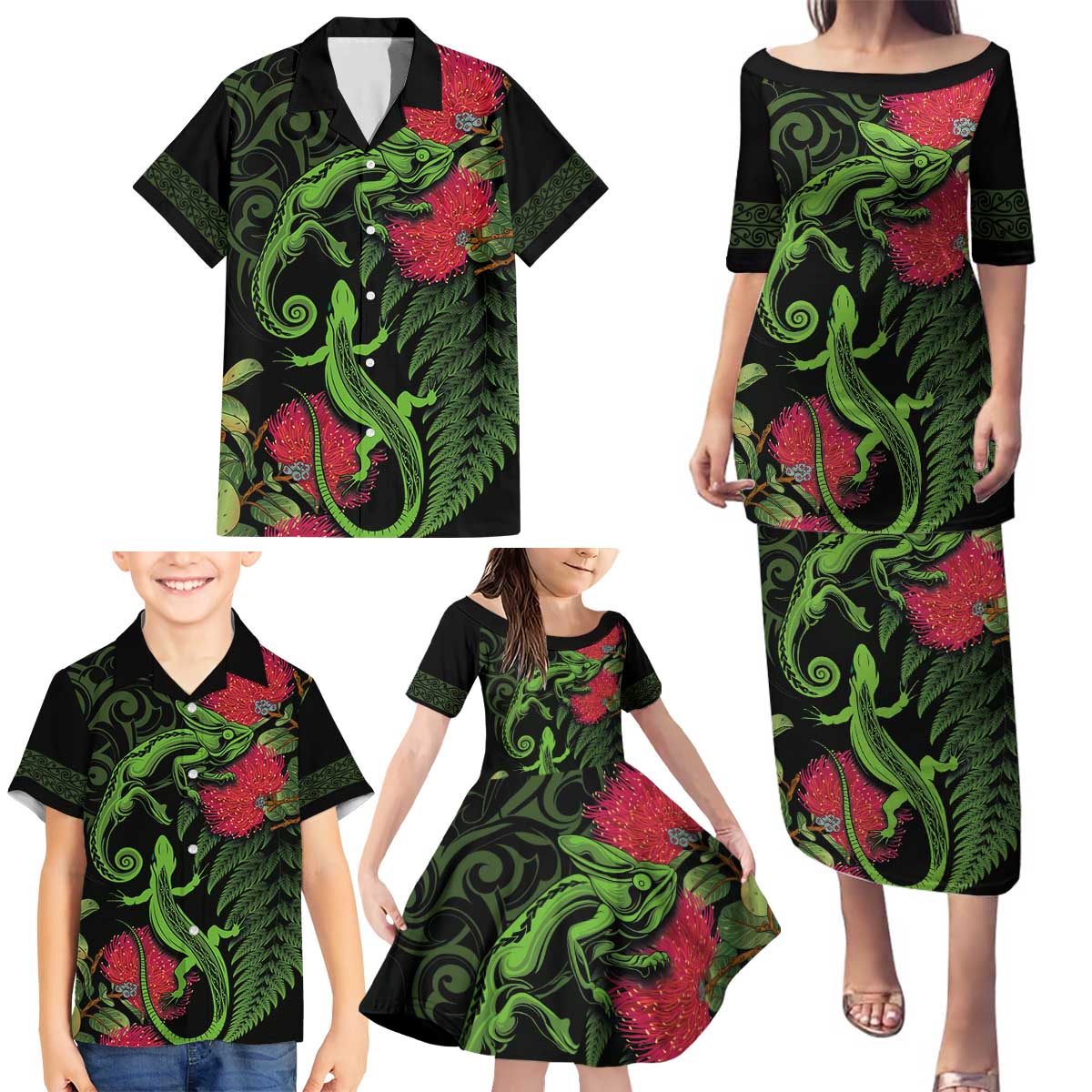 New Zealand Chameleon and Gecko Family Matching Puletasi and Hawaiian Shirt Maori Silver Fern and Pohutukawa Decoration LT03 - Polynesian Pride