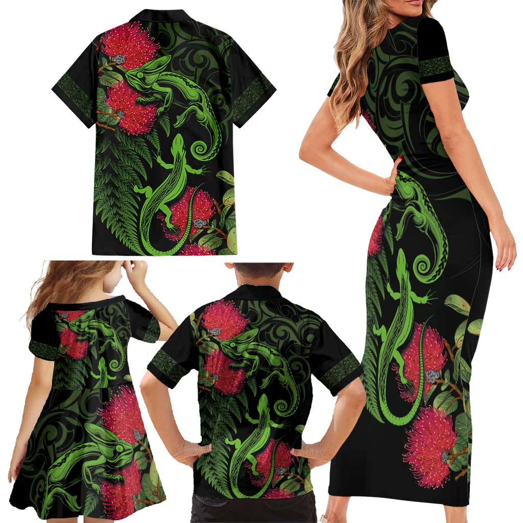 New Zealand Chameleon and Gecko Family Matching Short Sleeve Bodycon Dress and Hawaiian Shirt Maori Silver Fern and Pohutukawa Decoration LT03 - Polynesian Pride