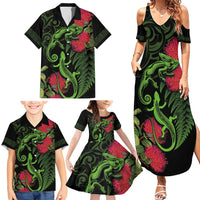 New Zealand Chameleon and Gecko Family Matching Summer Maxi Dress and Hawaiian Shirt Maori Silver Fern and Pohutukawa Decoration LT03 - Polynesian Pride