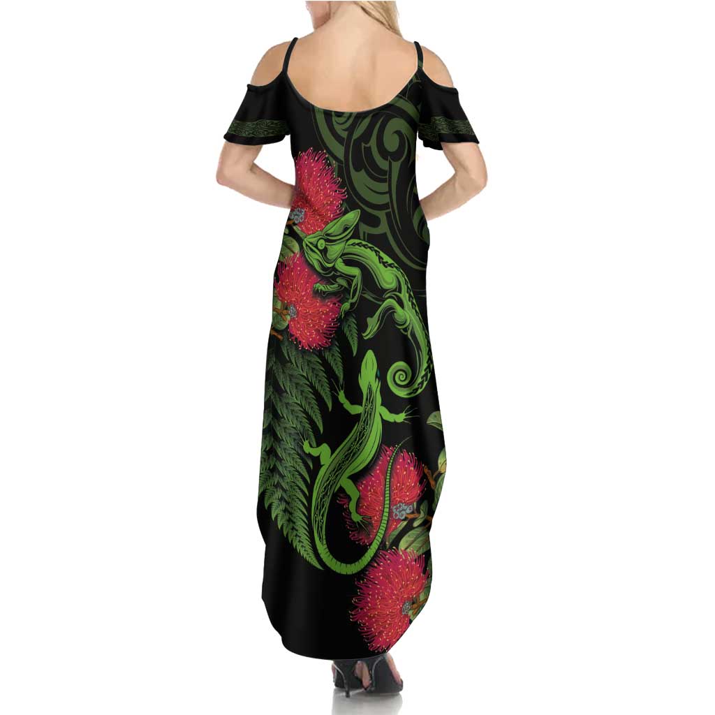 New Zealand Chameleon and Gecko Family Matching Summer Maxi Dress and Hawaiian Shirt Maori Silver Fern and Pohutukawa Decoration LT03 - Polynesian Pride