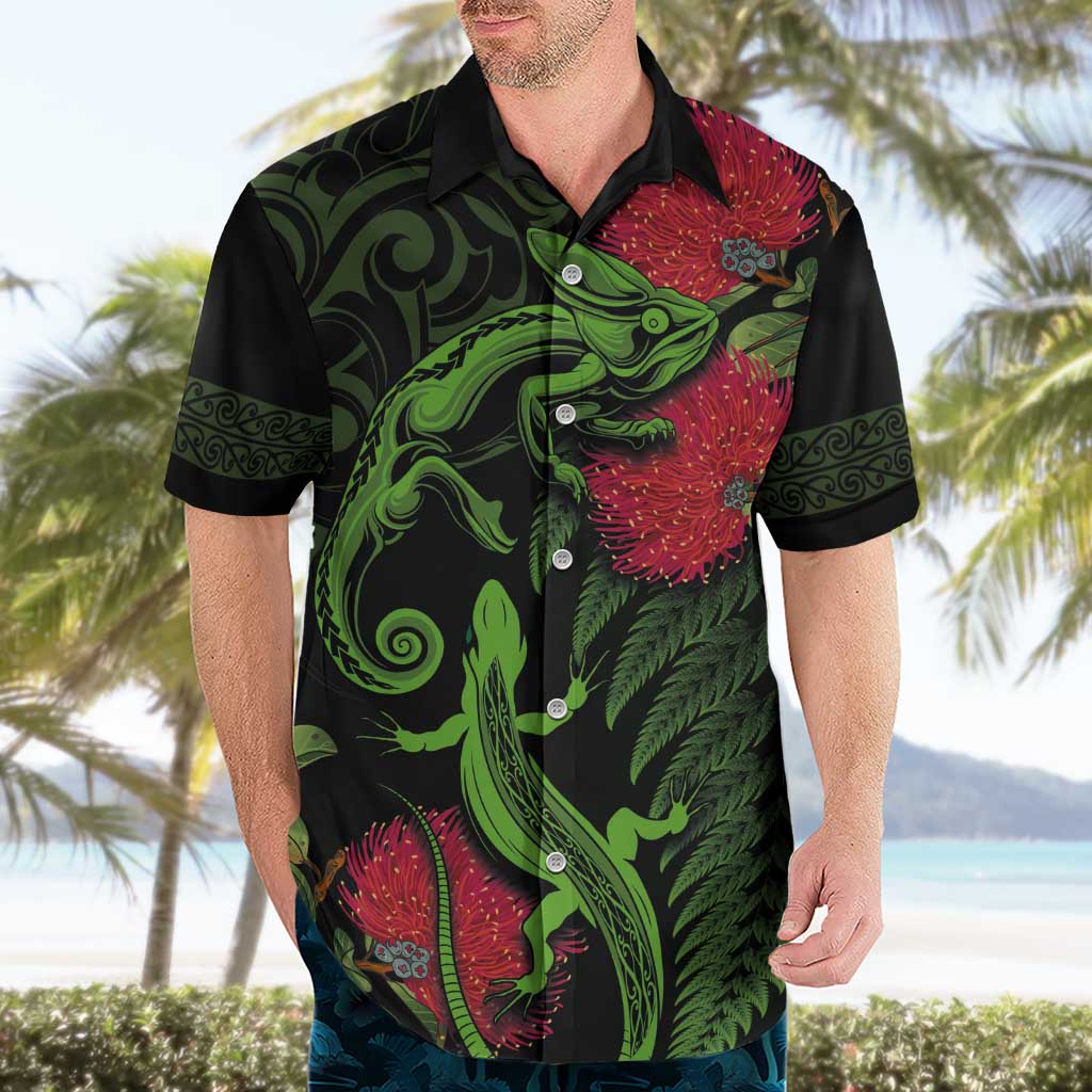 New Zealand Chameleon and Gecko Hawaiian Shirt Maori Silver Fern and Pohutukawa Decoration LT03 - Polynesian Pride