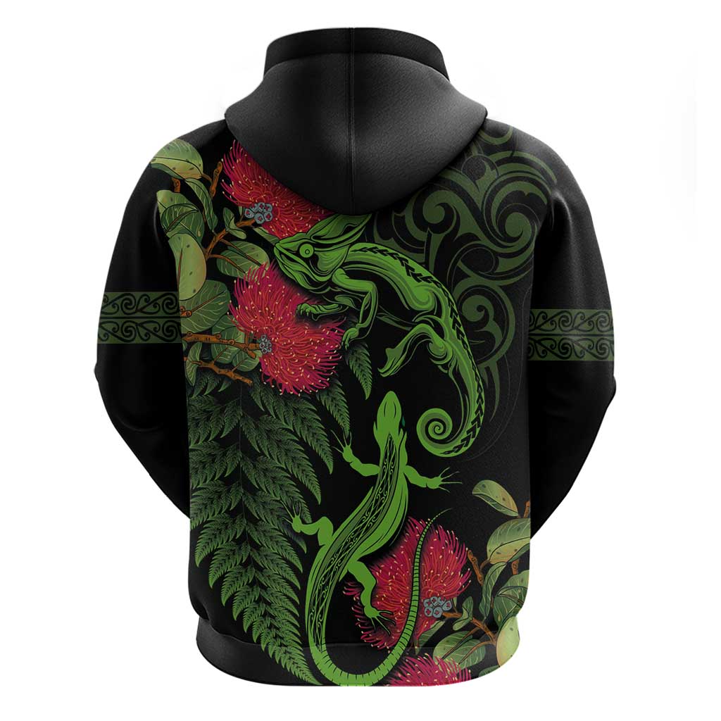 New Zealand Chameleon and Gecko Hoodie Maori Silver Fern and Pohutukawa Decoration LT03 - Polynesian Pride