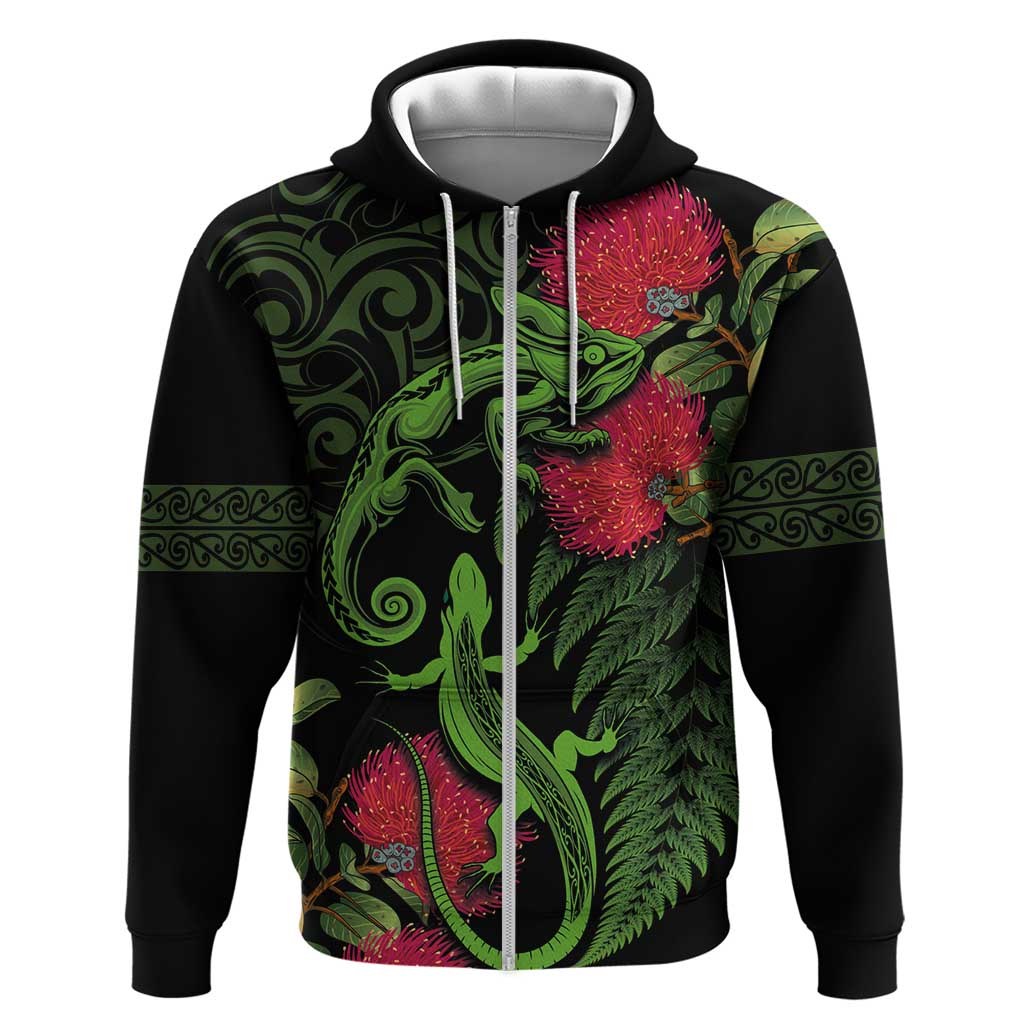 New Zealand Chameleon and Gecko Hoodie Maori Silver Fern and Pohutukawa Decoration LT03 Zip Hoodie Green - Polynesian Pride