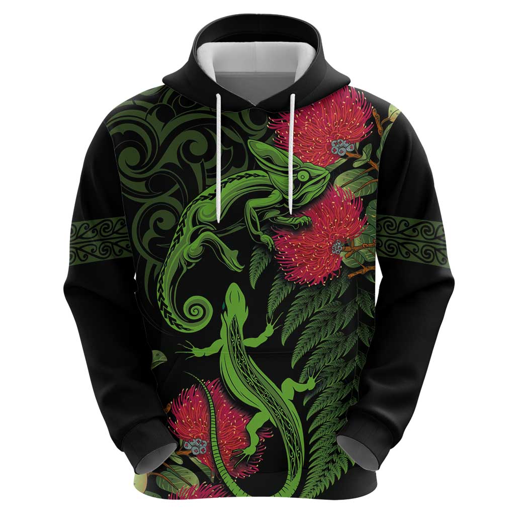 New Zealand Chameleon and Gecko Hoodie Maori Silver Fern and Pohutukawa Decoration LT03 - Polynesian Pride