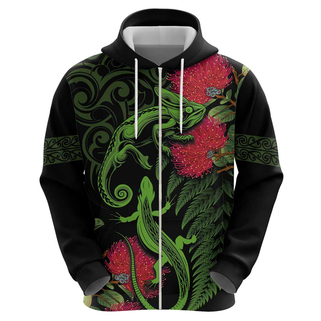 New Zealand Chameleon and Gecko Hoodie Maori Silver Fern and Pohutukawa Decoration LT03 - Polynesian Pride