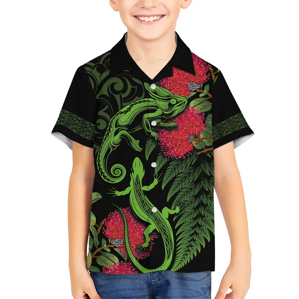 New Zealand Chameleon and Gecko Kid Hawaiian Shirt Maori Silver Fern and Pohutukawa Decoration LT03 Kid Green - Polynesian Pride