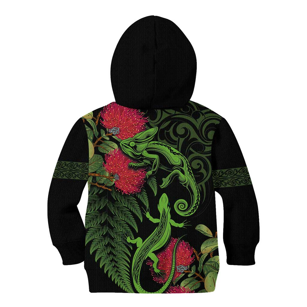 New Zealand Chameleon and Gecko Kid Hoodie Maori Silver Fern and Pohutukawa Decoration LT03 - Polynesian Pride