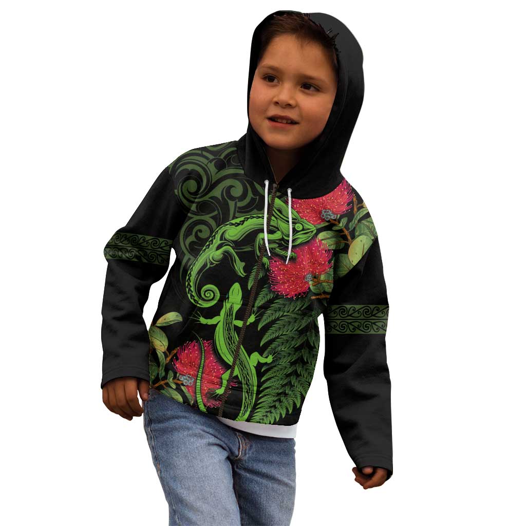 New Zealand Chameleon and Gecko Kid Hoodie Maori Silver Fern and Pohutukawa Decoration LT03 - Polynesian Pride
