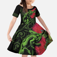New Zealand Chameleon and Gecko Kid Short Sleeve Dress Maori Silver Fern and Pohutukawa Decoration LT03 KID Green - Polynesian Pride