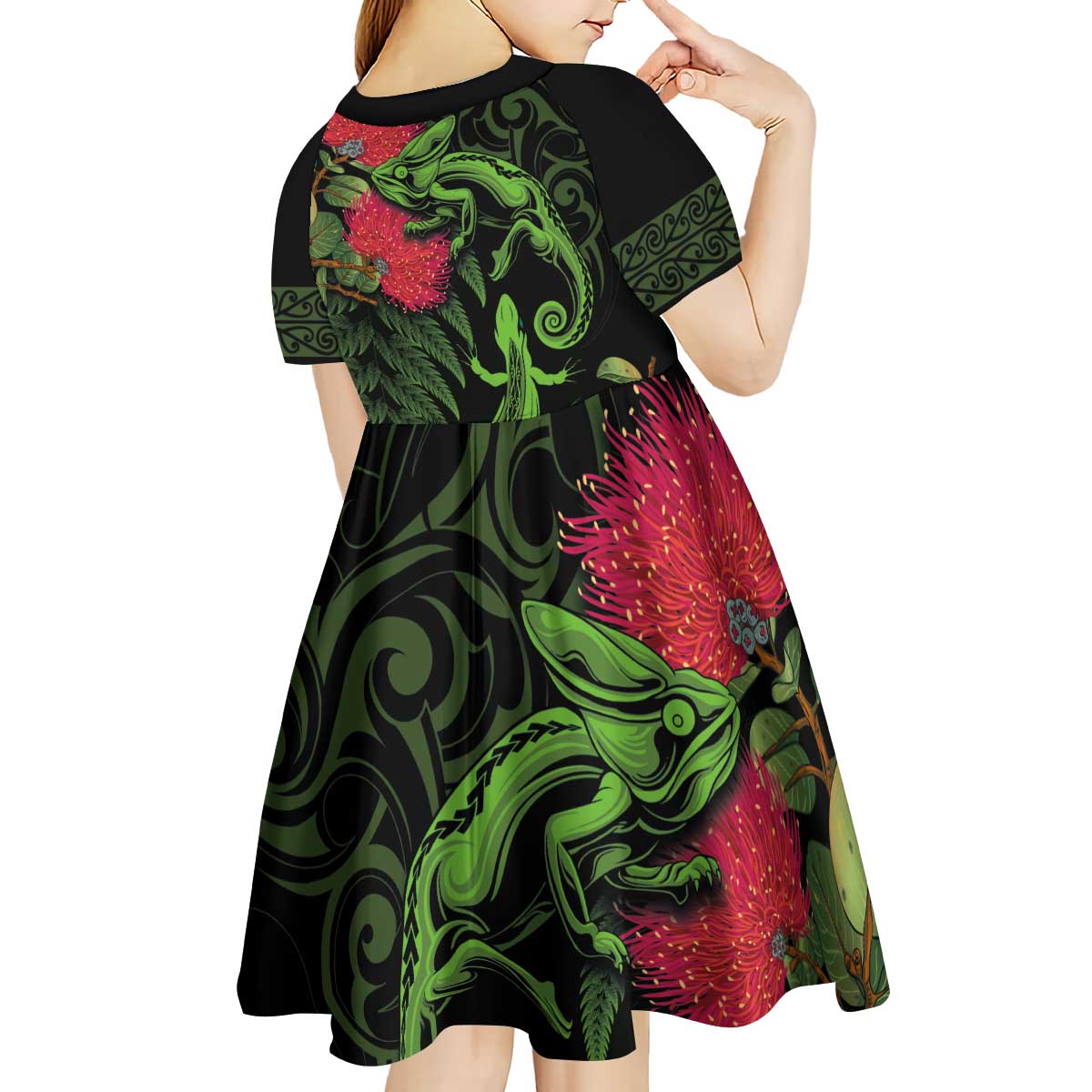 New Zealand Chameleon and Gecko Kid Short Sleeve Dress Maori Silver Fern and Pohutukawa Decoration LT03 - Polynesian Pride
