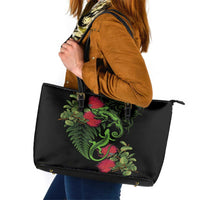New Zealand Chameleon and Gecko Leather Tote Bag Maori Silver Fern and Pohutukawa Decoration LT03 Green - Polynesian Pride