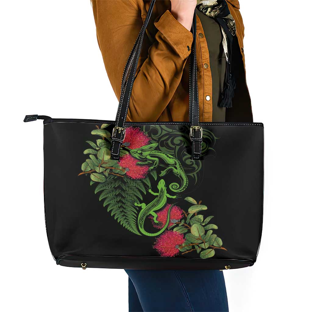 New Zealand Chameleon and Gecko Leather Tote Bag Maori Silver Fern and Pohutukawa Decoration LT03 - Polynesian Pride