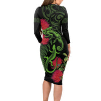 New Zealand Chameleon and Gecko Long Sleeve Bodycon Dress Maori Silver Fern and Pohutukawa Decoration LT03 - Polynesian Pride