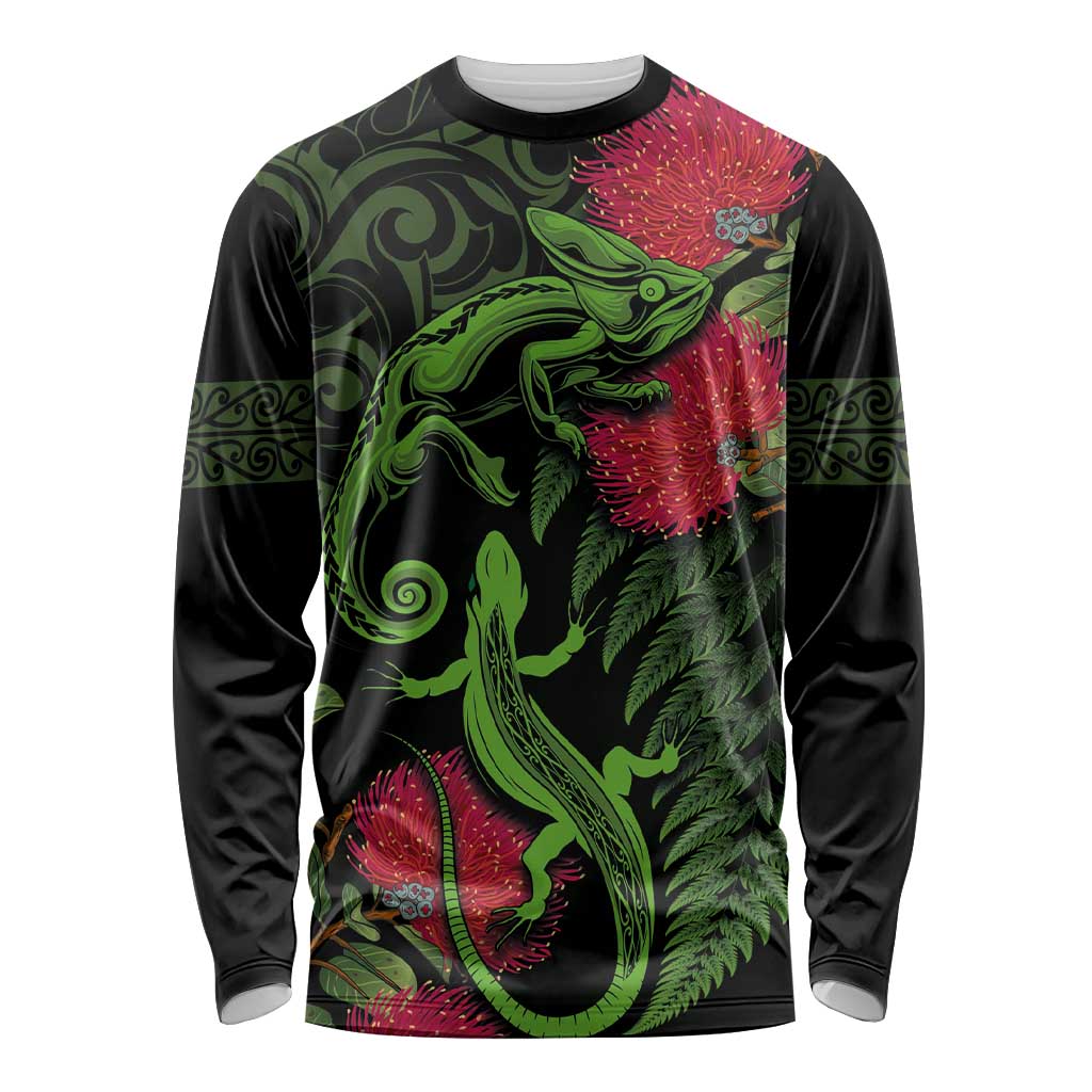 New Zealand Chameleon and Gecko Long Sleeve Shirt Maori Silver Fern and Pohutukawa Decoration LT03 Unisex Green - Polynesian Pride