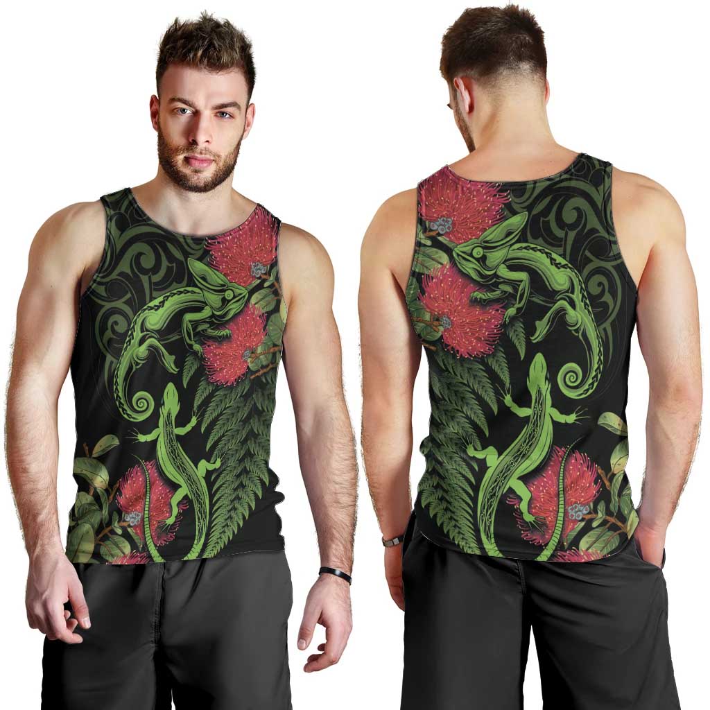 New Zealand Chameleon and Gecko Men Tank Top Maori Silver Fern and Pohutukawa Decoration LT03 - Polynesian Pride