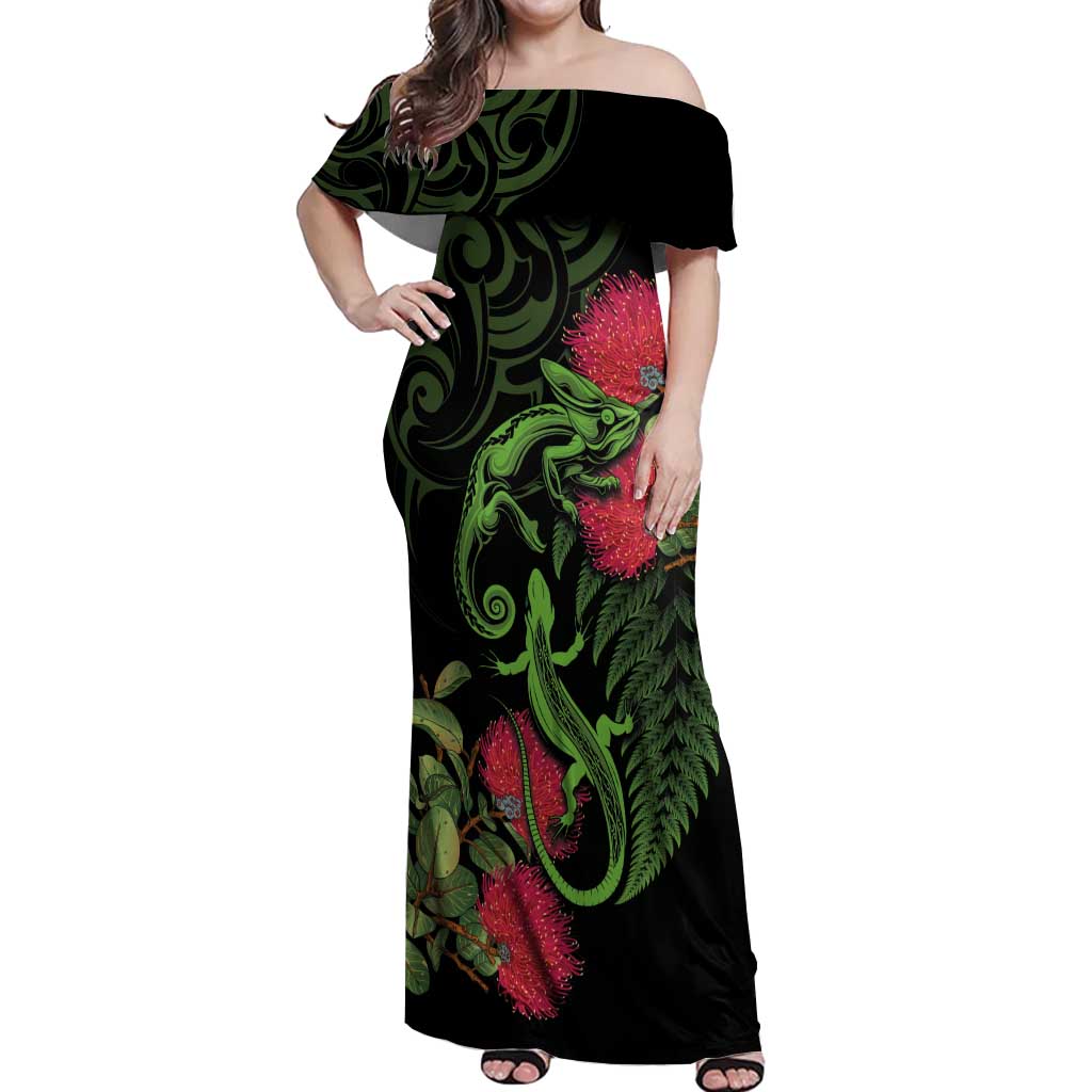New Zealand Chameleon and Gecko Off Shoulder Maxi Dress Maori Silver Fern and Pohutukawa Decoration LT03 Women Green - Polynesian Pride