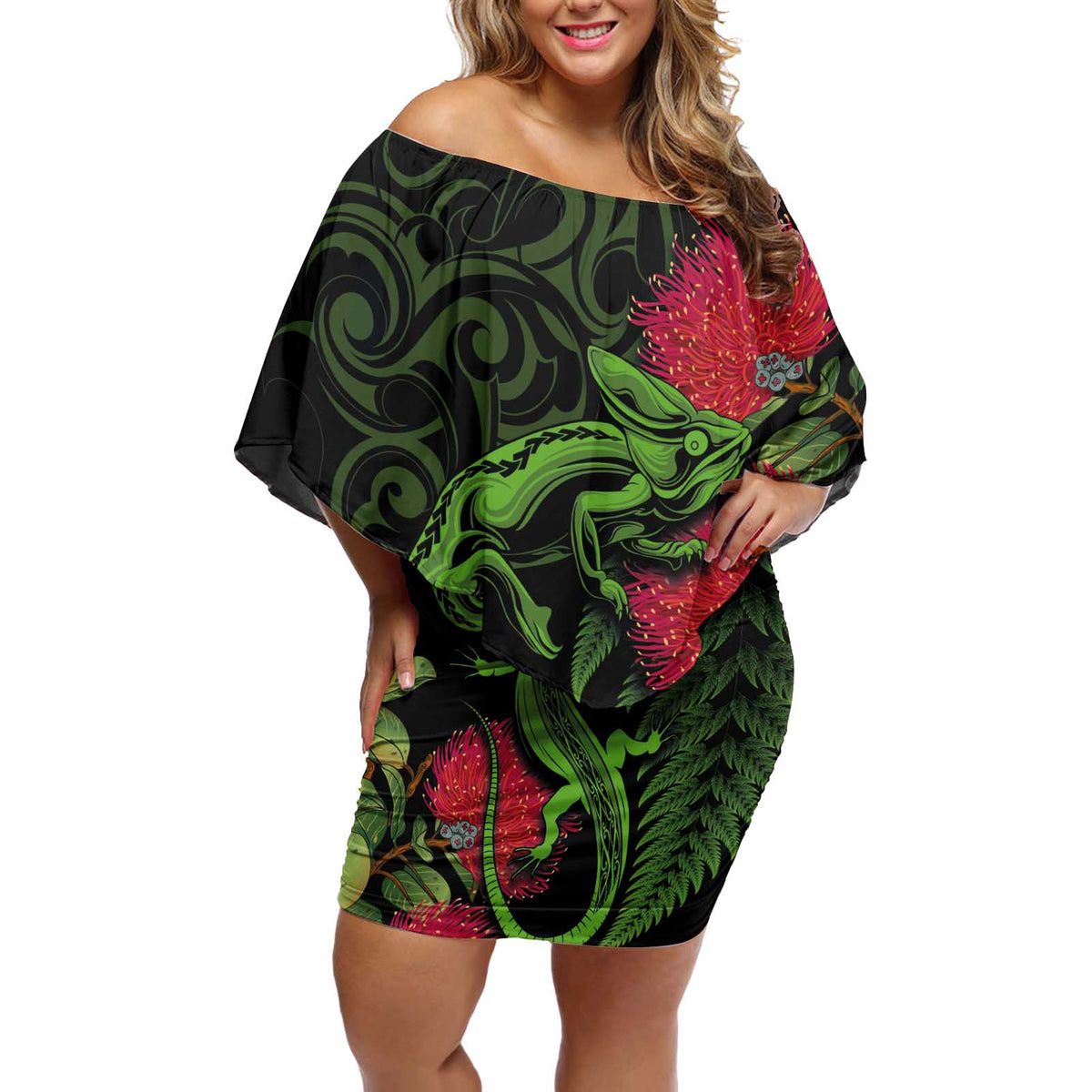 New Zealand Chameleon and Gecko Off Shoulder Short Dress Maori Silver Fern and Pohutukawa Decoration LT03 Women Green - Polynesian Pride