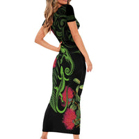 New Zealand Chameleon and Gecko Short Sleeve Bodycon Dress Maori Silver Fern and Pohutukawa Decoration LT03 - Polynesian Pride