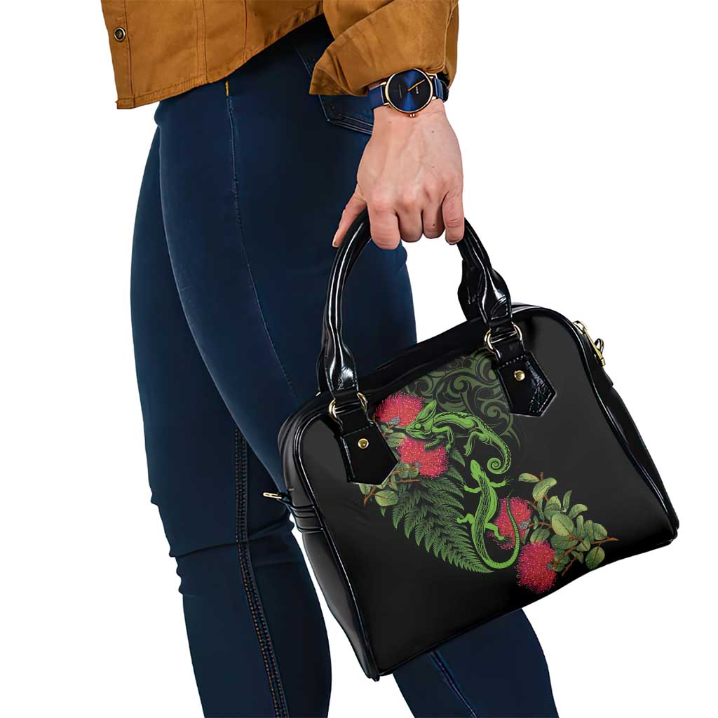New Zealand Chameleon and Gecko Shoulder Handbag Maori Silver Fern and Pohutukawa Decoration