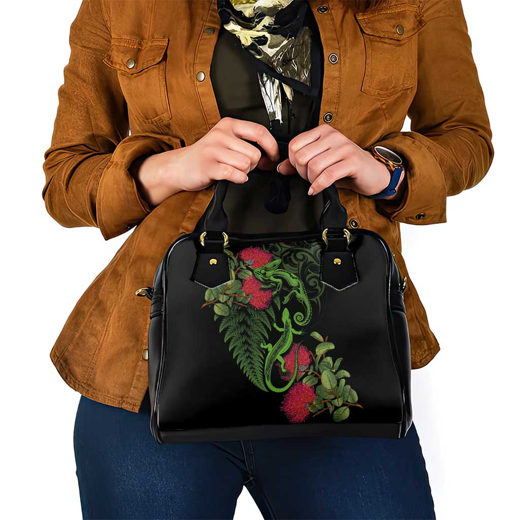 New Zealand Chameleon and Gecko Shoulder Handbag Maori Silver Fern and Pohutukawa Decoration