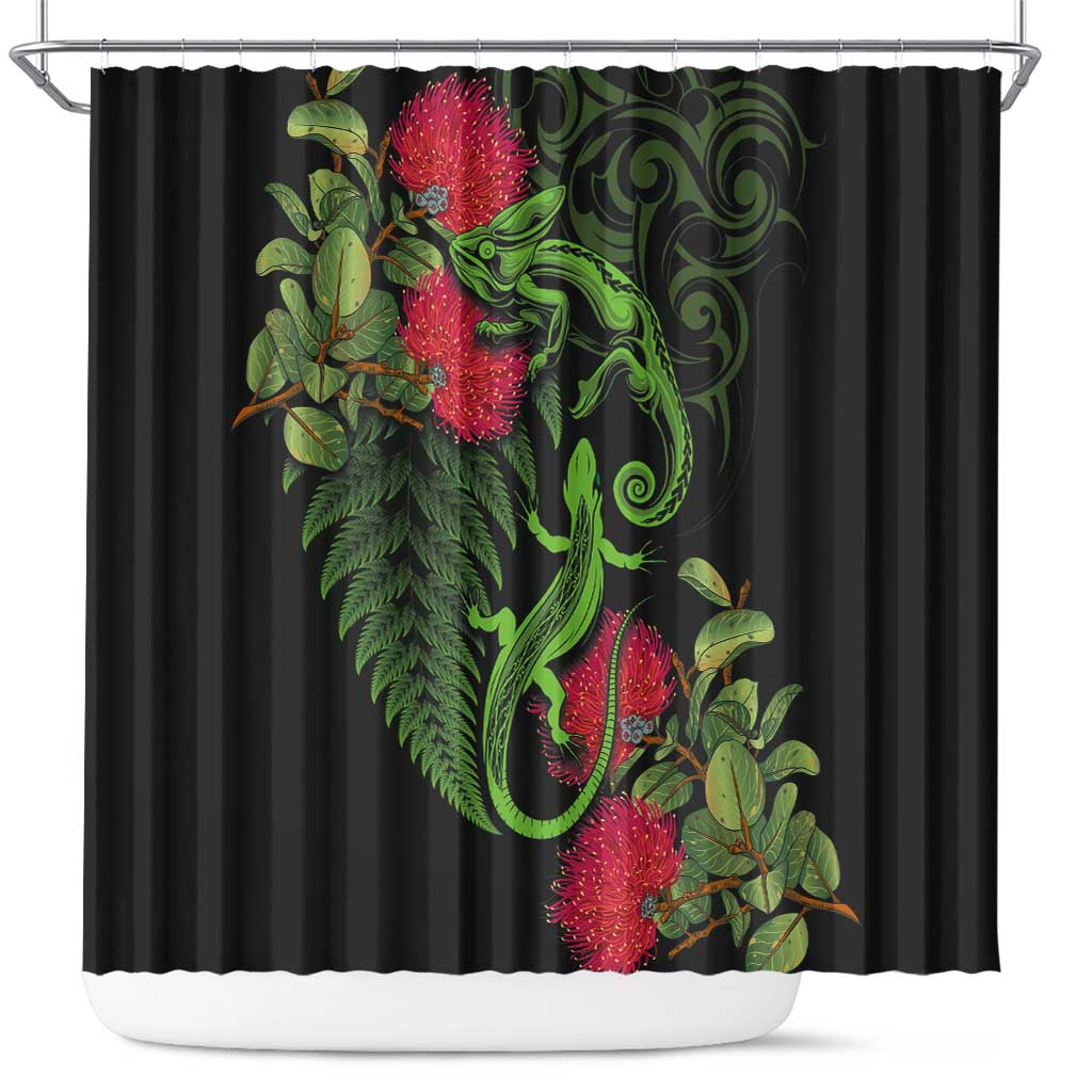New Zealand Chameleon and Gecko Shower Curtain Maori Silver Fern and Pohutukawa Decoration LT03 Green - Polynesian Pride