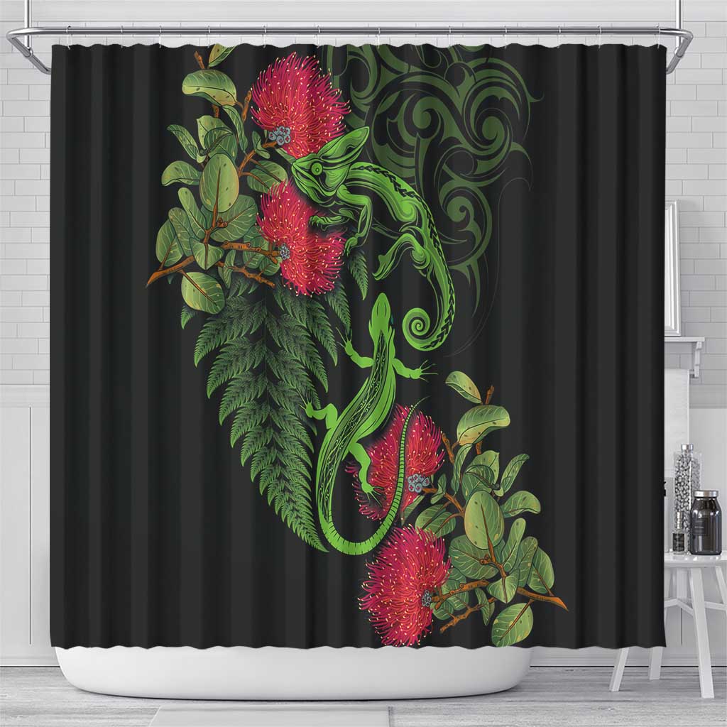 New Zealand Chameleon and Gecko Shower Curtain Maori Silver Fern and Pohutukawa Decoration LT03 - Polynesian Pride