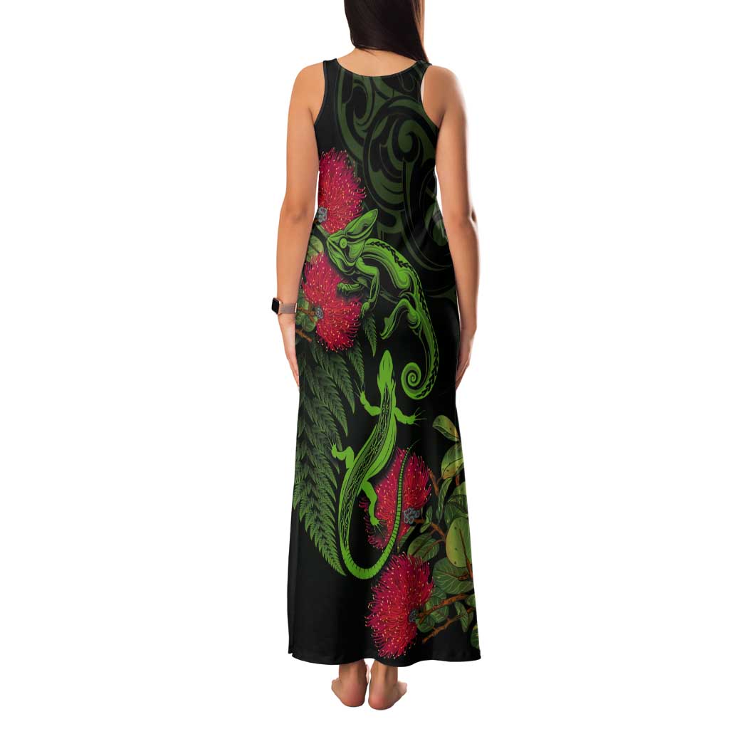 New Zealand Chameleon and Gecko Tank Maxi Dress Maori Silver Fern and Pohutukawa Decoration LT03 - Polynesian Pride