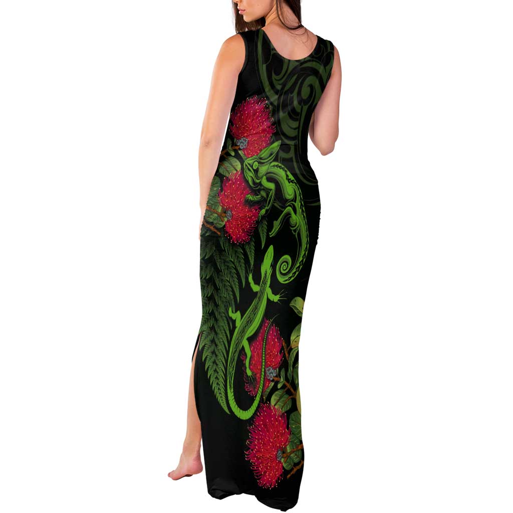 New Zealand Chameleon and Gecko Tank Maxi Dress Maori Silver Fern and Pohutukawa Decoration LT03 - Polynesian Pride