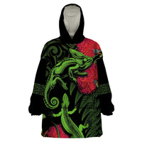 New Zealand Chameleon and Gecko Wearable Blanket Hoodie Maori Silver Fern and Pohutukawa Decoration LT03 One Size Green - Polynesian Pride