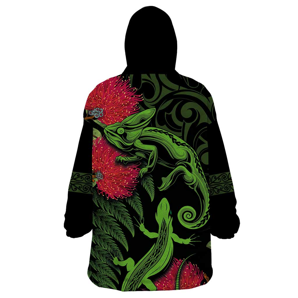New Zealand Chameleon and Gecko Wearable Blanket Hoodie Maori Silver Fern and Pohutukawa Decoration LT03 - Polynesian Pride