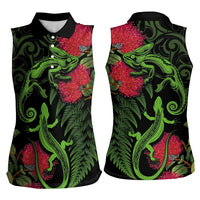 New Zealand Chameleon and Gecko Women Sleeveless Polo Shirt Maori Silver Fern and Pohutukawa Decoration