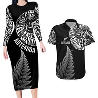 Personalised New Zealand Maori Art Tattoo and Silver Fern Couples Matching Long Sleeve Bodycon Dress and Hawaiian Shirt LT03 Black - Polynesian Pride
