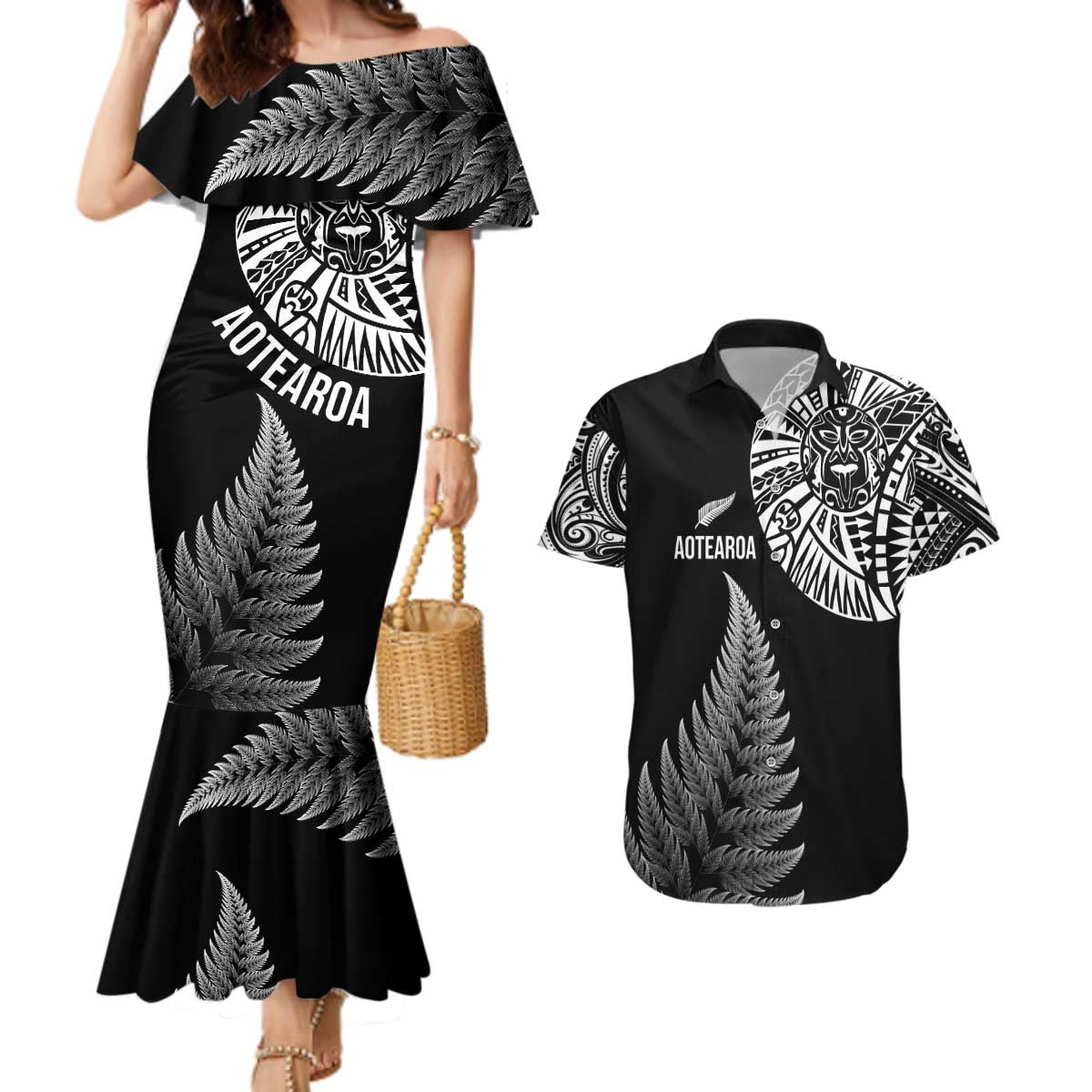 Personalised New Zealand Maori Art Tattoo and Silver Fern Couples Matching Mermaid Dress and Hawaiian Shirt LT03 Black - Polynesian Pride