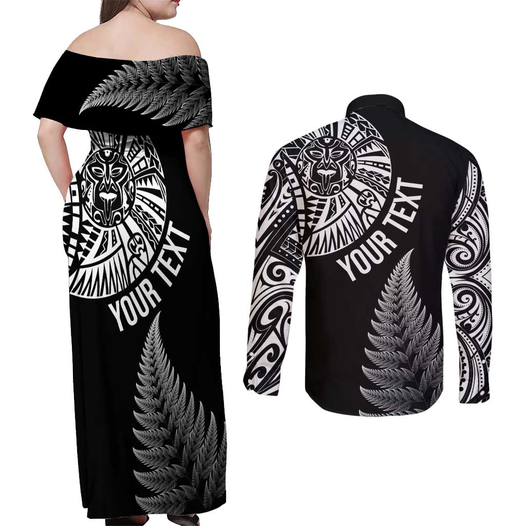 Personalised New Zealand Maori Art Tattoo and Silver Fern Couples Matching Off Shoulder Maxi Dress and Long Sleeve Button Shirt LT03 - Polynesian Pride