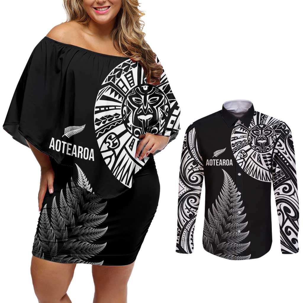 Personalised New Zealand Maori Art Tattoo and Silver Fern Couples Matching Off Shoulder Short Dress and Long Sleeve Button Shirt LT03 Black - Polynesian Pride
