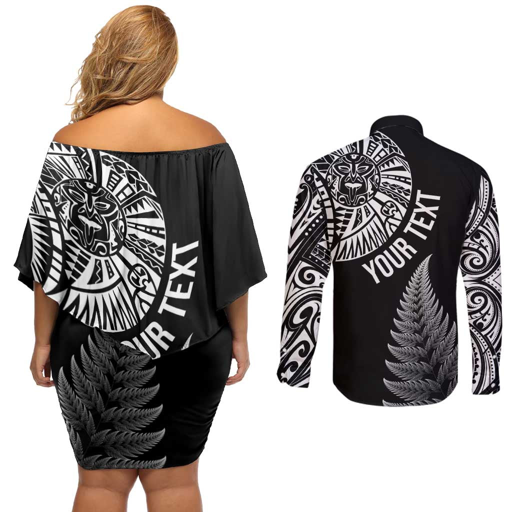 Personalised New Zealand Maori Art Tattoo and Silver Fern Couples Matching Off Shoulder Short Dress and Long Sleeve Button Shirt LT03 - Polynesian Pride