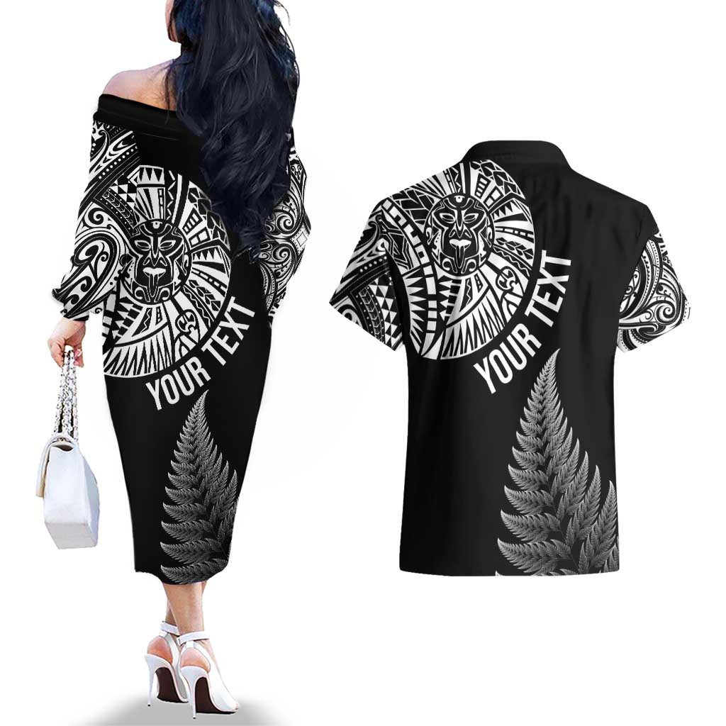 Personalised New Zealand Maori Art Tattoo and Silver Fern Couples Matching Off The Shoulder Long Sleeve Dress and Hawaiian Shirt LT03 - Polynesian Pride