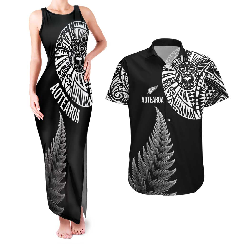 Personalised New Zealand Maori Art Tattoo and Silver Fern Couples Matching Tank Maxi Dress and Hawaiian Shirt LT03 Black - Polynesian Pride