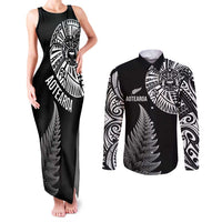 Personalised New Zealand Maori Art Tattoo and Silver Fern Couples Matching Tank Maxi Dress and Long Sleeve Button Shirt LT03 Black - Polynesian Pride
