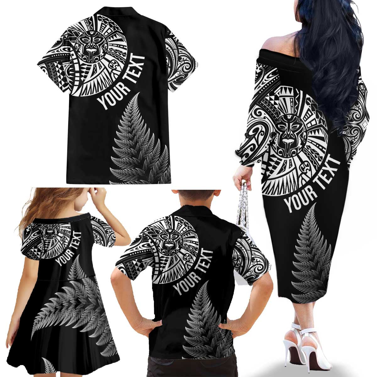 Personalised New Zealand Maori Art Tattoo and Silver Fern Family Matching Off The Shoulder Long Sleeve Dress and Hawaiian Shirt LT03 - Polynesian Pride