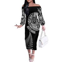 Personalised New Zealand Maori Art Tattoo and Silver Fern Family Matching Off The Shoulder Long Sleeve Dress and Hawaiian Shirt LT03 Mom's Dress Black - Polynesian Pride