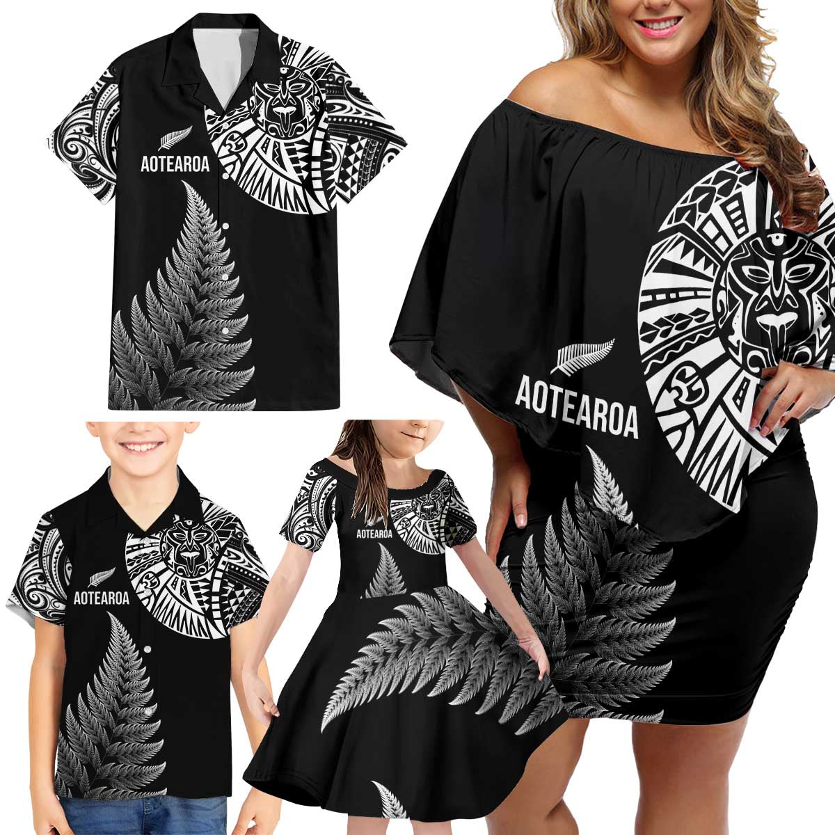 Personalised New Zealand Maori Art Tattoo and Silver Fern Family Matching Off Shoulder Short Dress and Hawaiian Shirt LT03 - Polynesian Pride