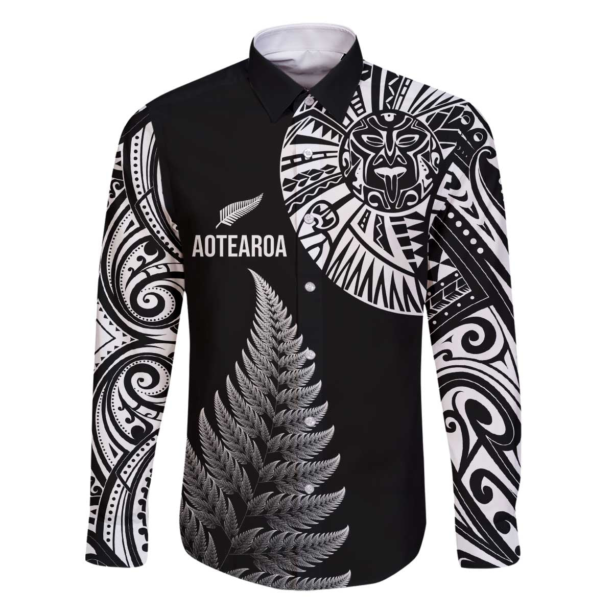 Personalised New Zealand Maori Art Tattoo and Silver Fern Family Matching Off Shoulder Short Dress and Hawaiian Shirt LT03 Dad's Shirt - Long Sleeve Black - Polynesian Pride
