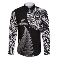 Personalised New Zealand Maori Art Tattoo and Silver Fern Family Matching Off Shoulder Short Dress and Hawaiian Shirt LT03 Dad's Shirt - Long Sleeve Black - Polynesian Pride