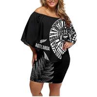 Personalised New Zealand Maori Art Tattoo and Silver Fern Family Matching Off Shoulder Short Dress and Hawaiian Shirt LT03 Mom's Dress Black - Polynesian Pride