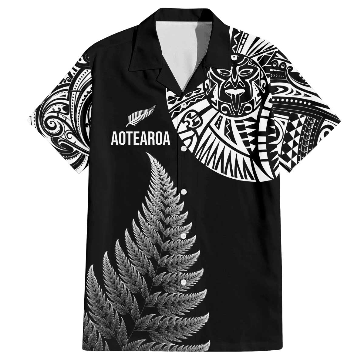 Personalised New Zealand Maori Art Tattoo and Silver Fern Family Matching Puletasi and Hawaiian Shirt LT03 Dad's Shirt - Short Sleeve Black - Polynesian Pride