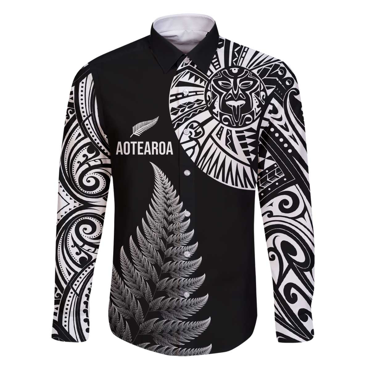 Personalised New Zealand Maori Art Tattoo and Silver Fern Family Matching Puletasi and Hawaiian Shirt LT03 Dad's Shirt - Long Sleeve Black - Polynesian Pride