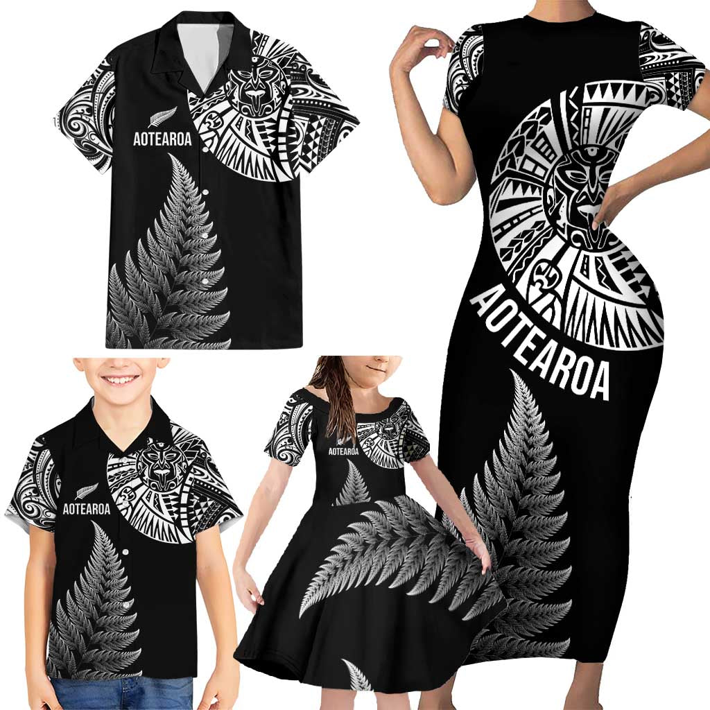 Personalised New Zealand Maori Art Tattoo and Silver Fern Family Matching Short Sleeve Bodycon Dress and Hawaiian Shirt LT03 - Polynesian Pride