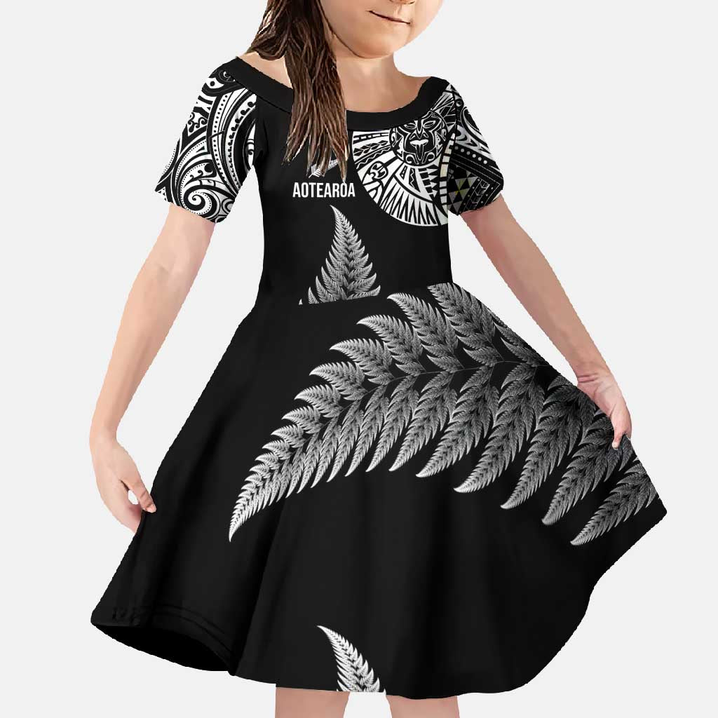 Personalised New Zealand Maori Art Tattoo and Silver Fern Family Matching Summer Maxi Dress and Hawaiian Shirt LT03 Daughter's Dress Black - Polynesian Pride