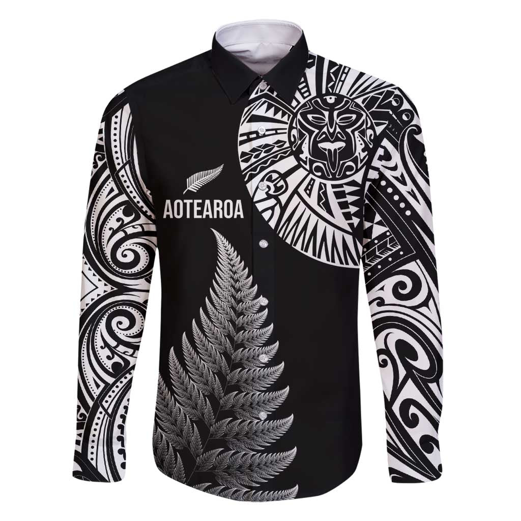 Personalised New Zealand Maori Art Tattoo and Silver Fern Family Matching Summer Maxi Dress and Hawaiian Shirt LT03 Dad's Shirt - Long Sleeve Black - Polynesian Pride